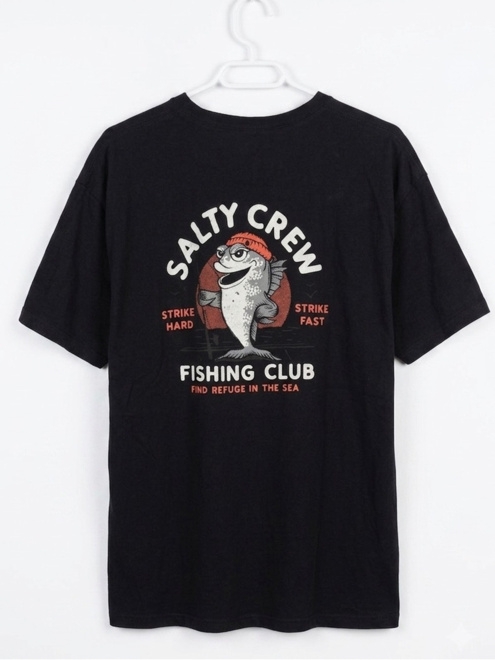 Salty Crew Black Tee with Fishing Club Graphic and Red Accent